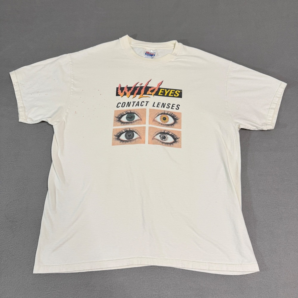 Vintage 90s Wild Eyes Contact Lenses Graphic T-Shirt Mens XL White Made in USA *